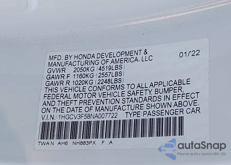 2022 Honda Accord Hybrid Ex-L z USA, uszkodzony, nr VIN 1HGCV3F58NA007722